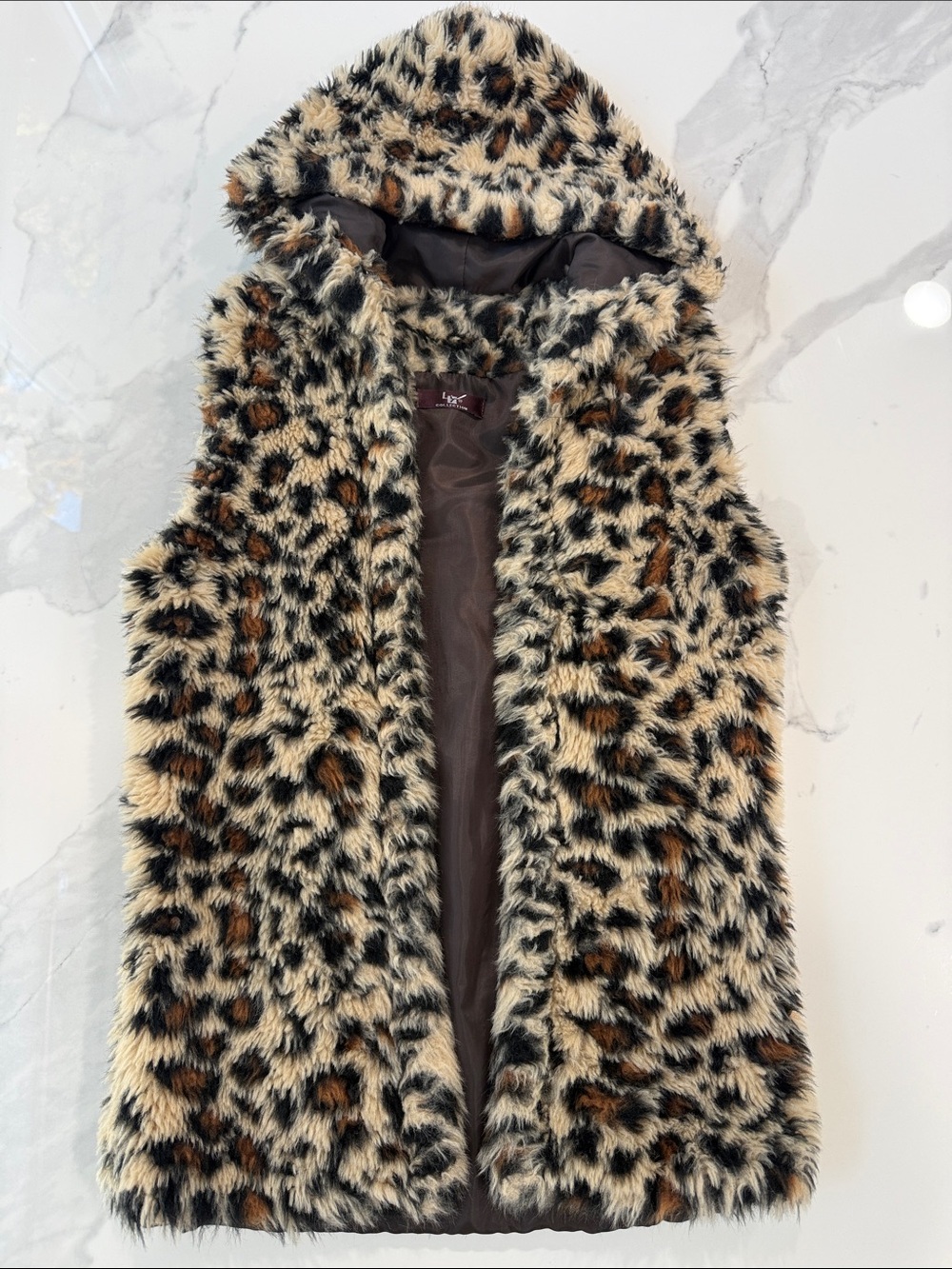 Leopard Print Faux Fur Hooded Vest with measurements